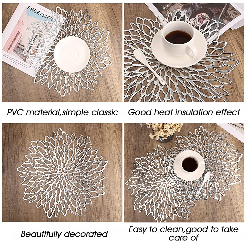HASTHIP PVC Table Mat, Placemats Sets of 2, 15'' Round Leaf Place Mats, Cutwork Design Dining Table Mats, Washable Heat Resistant Vinyl Table Mats for Morden Kitchen Dining Table Wedding (Silver) HASTHIP PVC Table Mat, Placemats Sets of 2, 15'' Round Leaf Place Mats, Cutwork Design Dining Table Mats, Washable Heat Resistant Vinyl Table Mats for Morden Kitchen Dining Table Wedding (Silver)